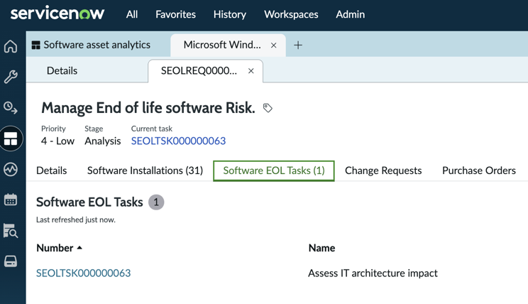 Software EOL tasks in the list view on the Software EOL Tasks tab.