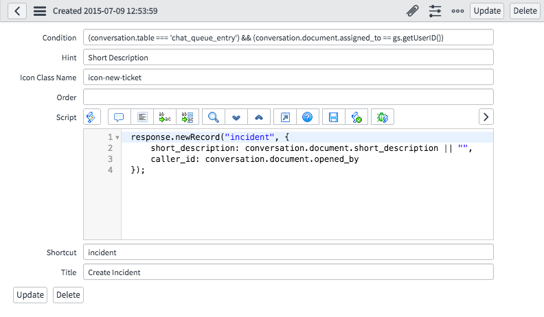 条件 conversation.table === 'chat_queue_entry が指定された [コネクトアクション] フォーム