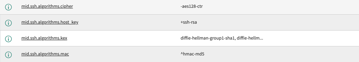 演算子を使用して SSH アルゴリズムリストをカスタマイズする MID サーバーのプロパティ。