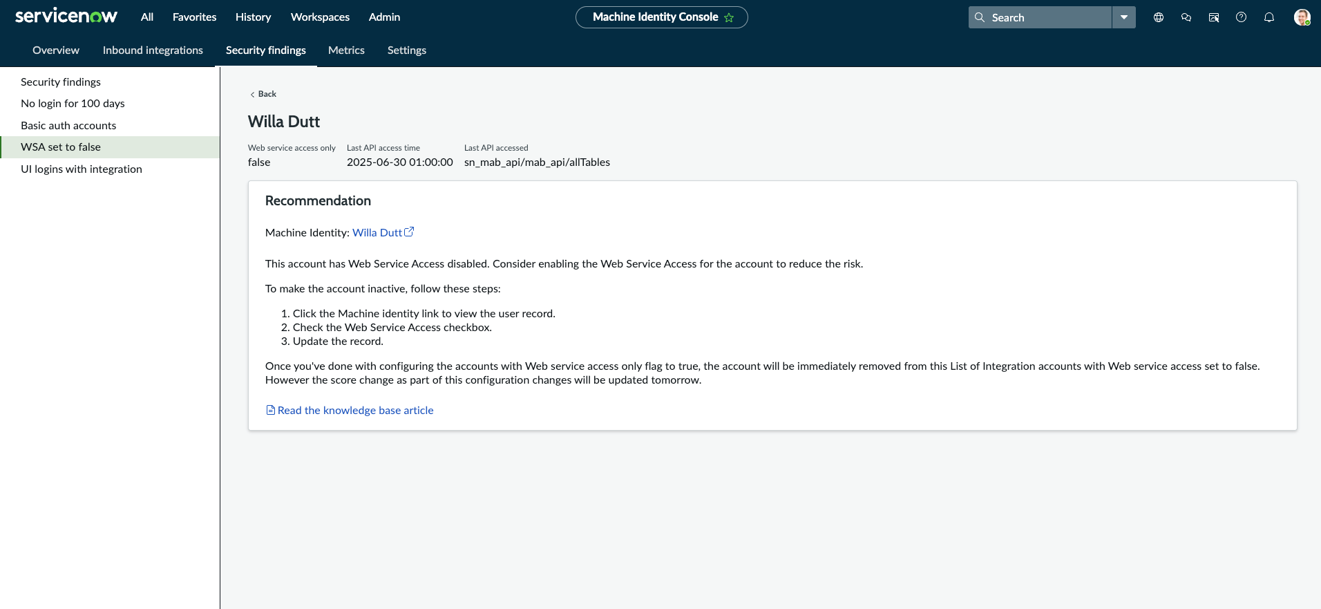 Recommendation for the accounts with WSA set to false