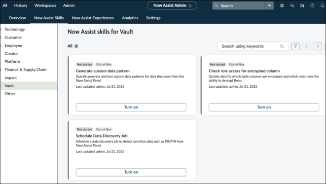 Now Assist Admin console showing three skills from Now Assist for Vault