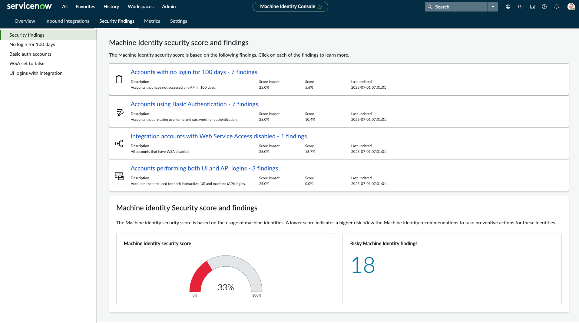 Machine Identity security score and findings