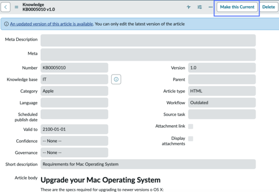 Knowledge article record in outdated state with make this current button highlighted.