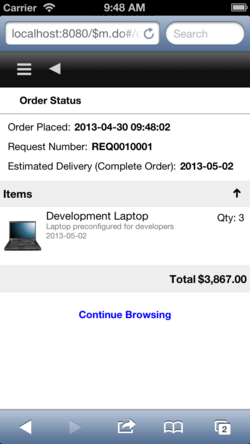 Screenshot for Classic Mobile order confirmation.