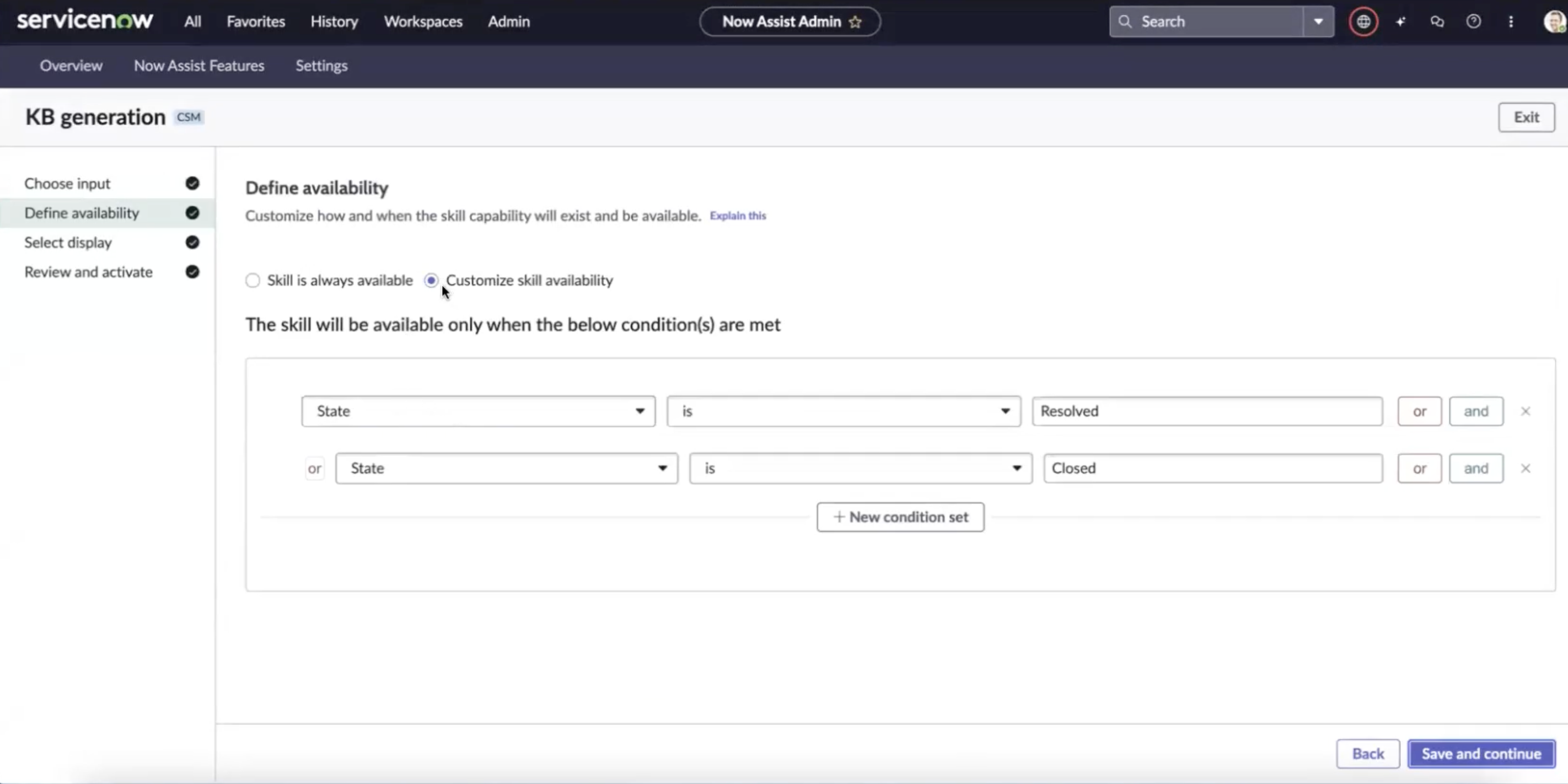 Customize the skill availability for the KB generation skill.