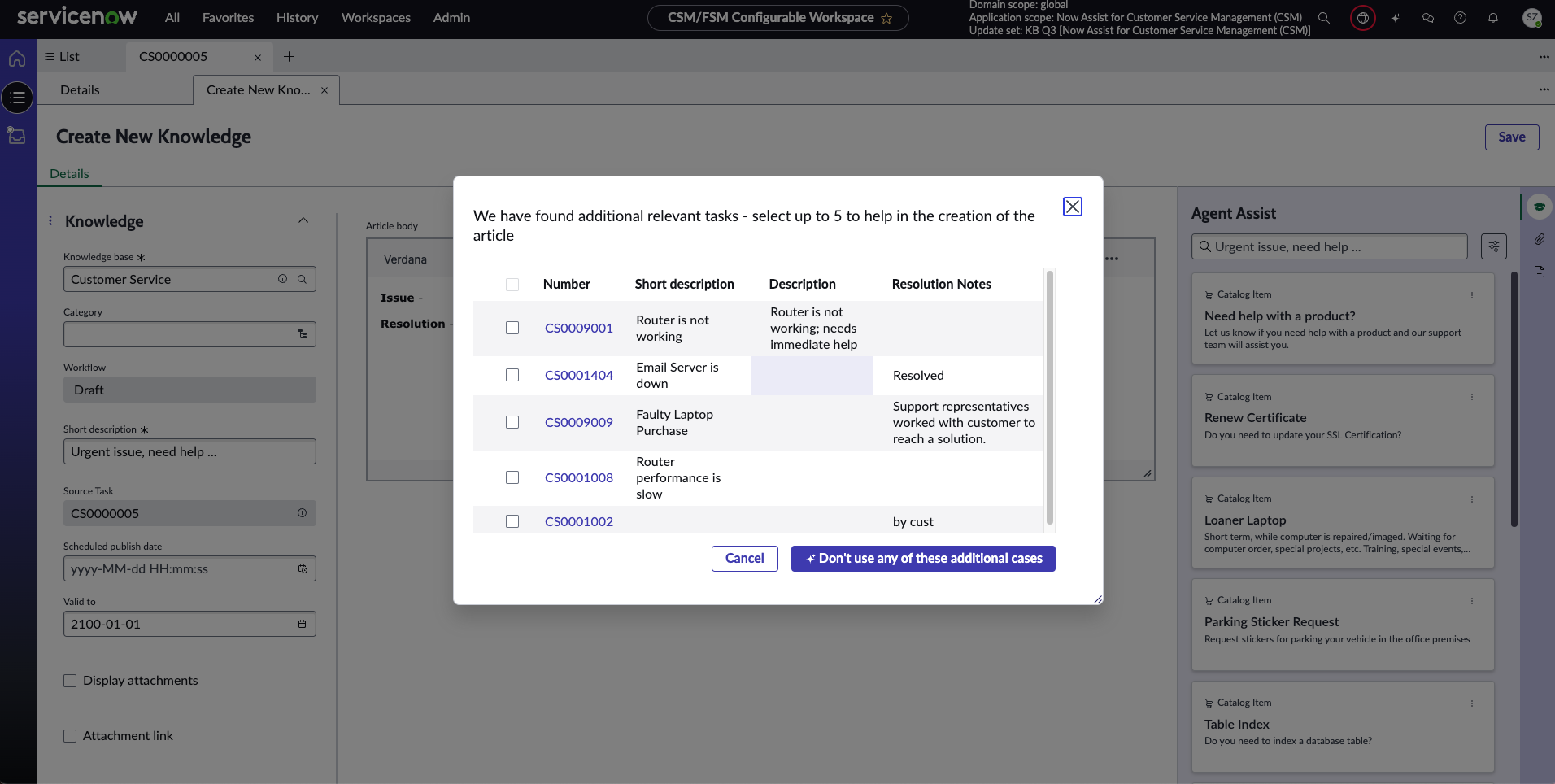 Select up to five additional relevant cases in the new modal to generate the article.