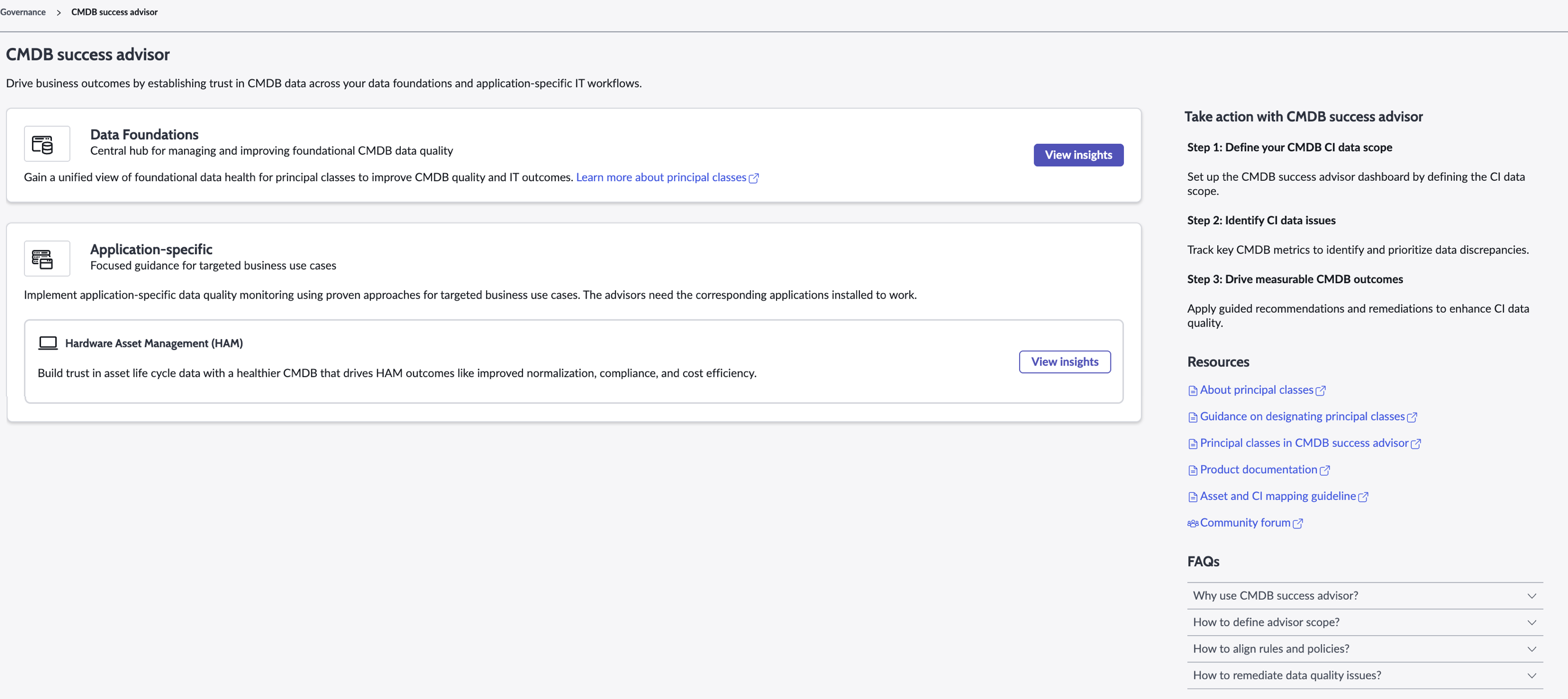 Landing page of CMDB success advisor.