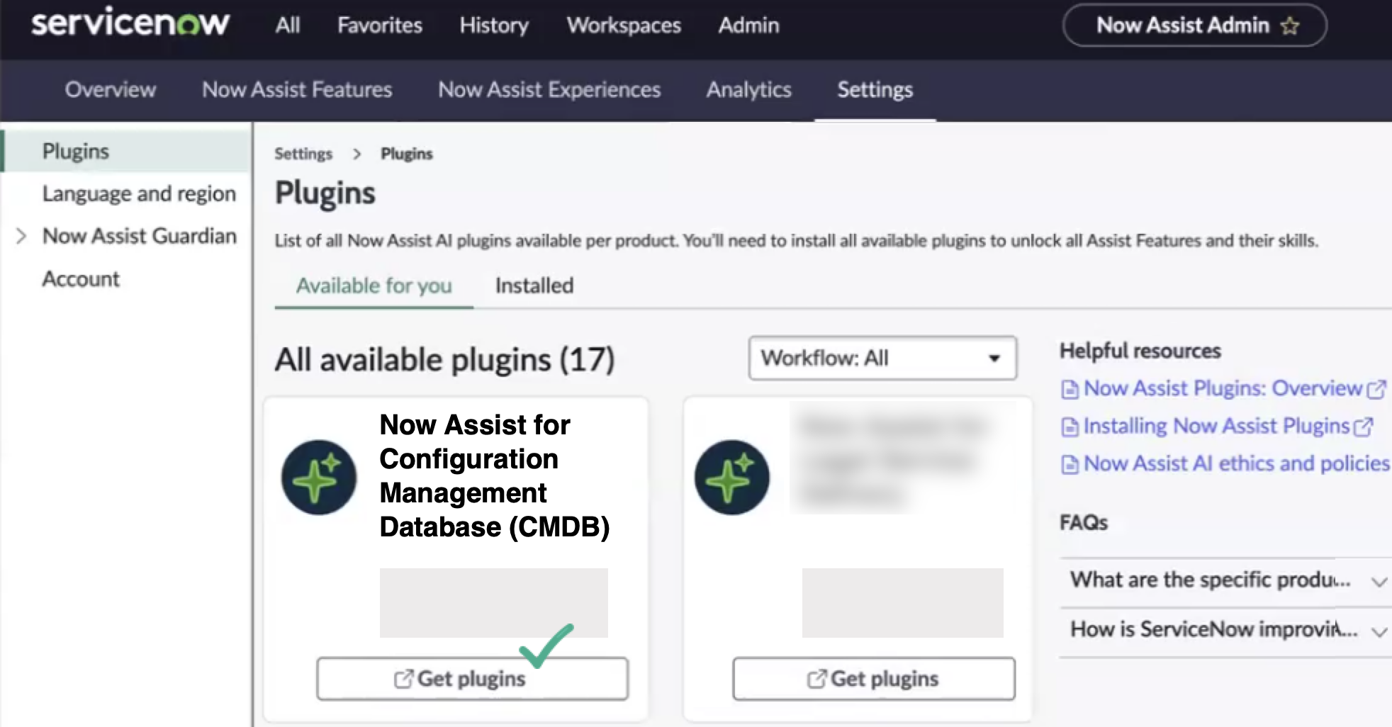 Accessing the Now Assist for CMDB (com.snc.cmdb.gen.ai) plugin from the Now Assist Admin console.
