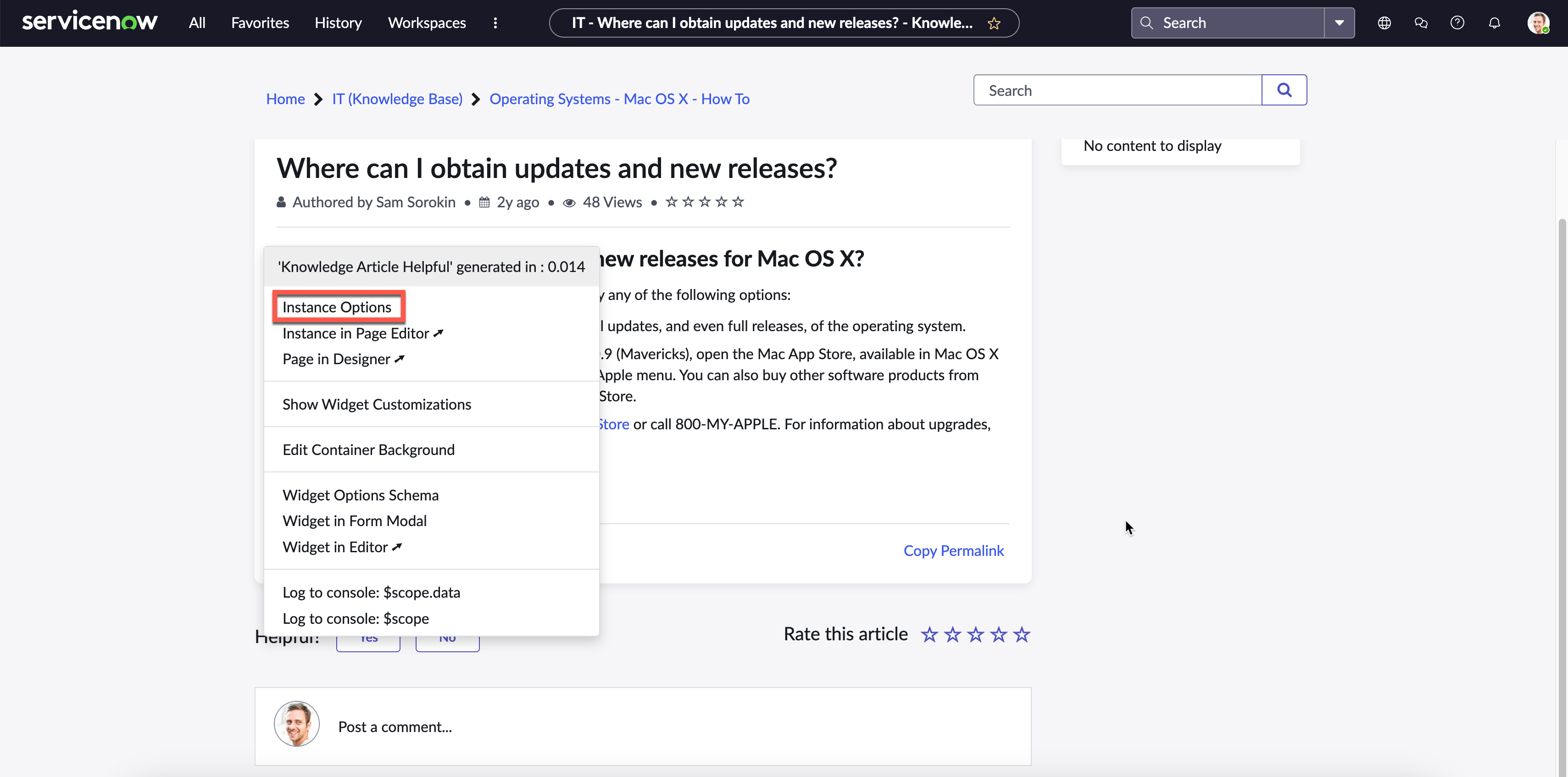 Knowledge article helpful widget Instance Options