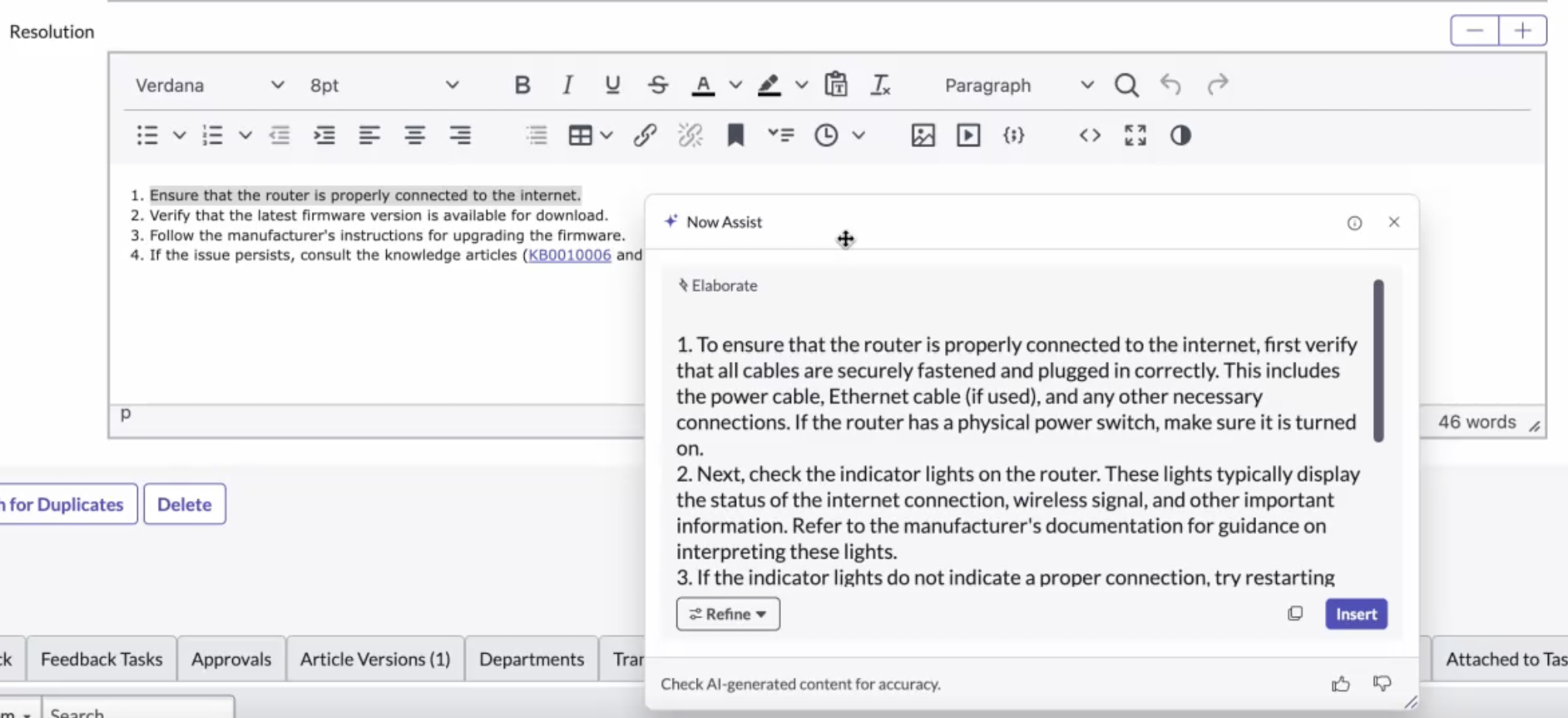 Now Assist elaborates content in a Knowledge article to make it descriptive.