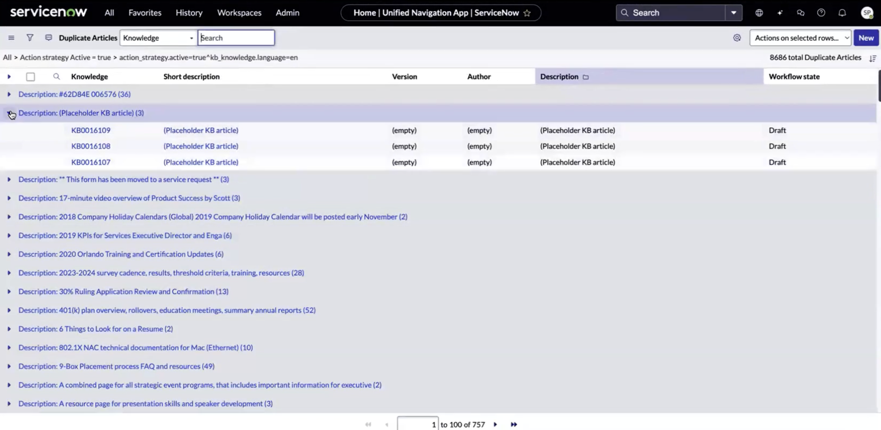 Duplicate articles list view.
