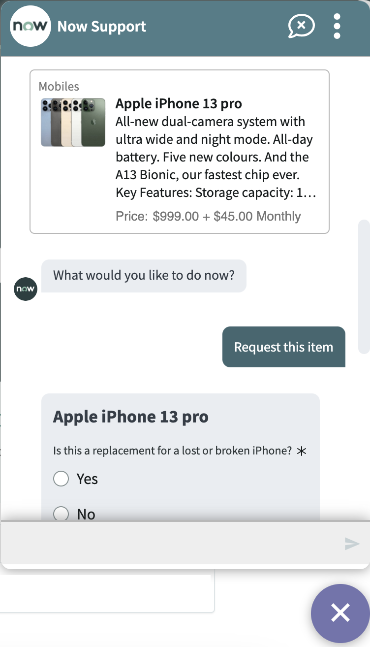 Inline request of a catalog item