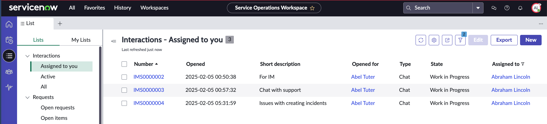Assigned interactions for a user.