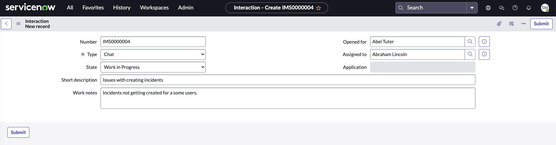 Sample Interaction form.