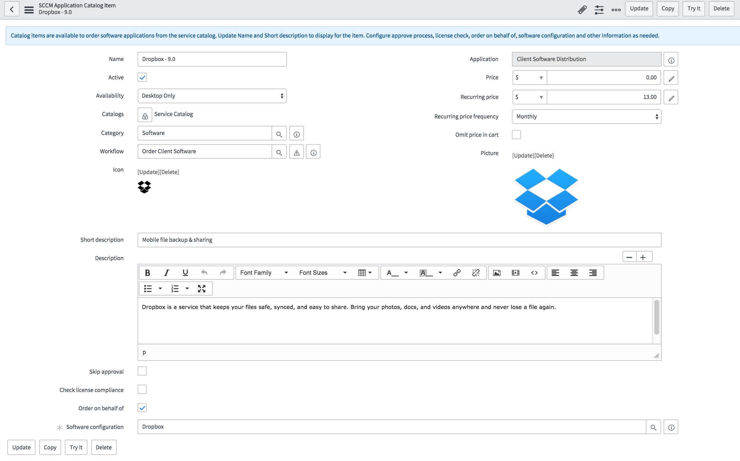 SCCM application catalog item