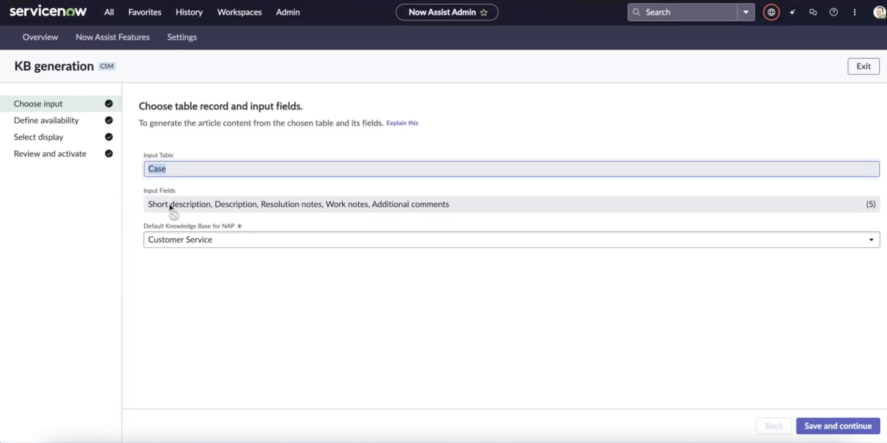 Choose the table records and input fields to generate a knowledge article.