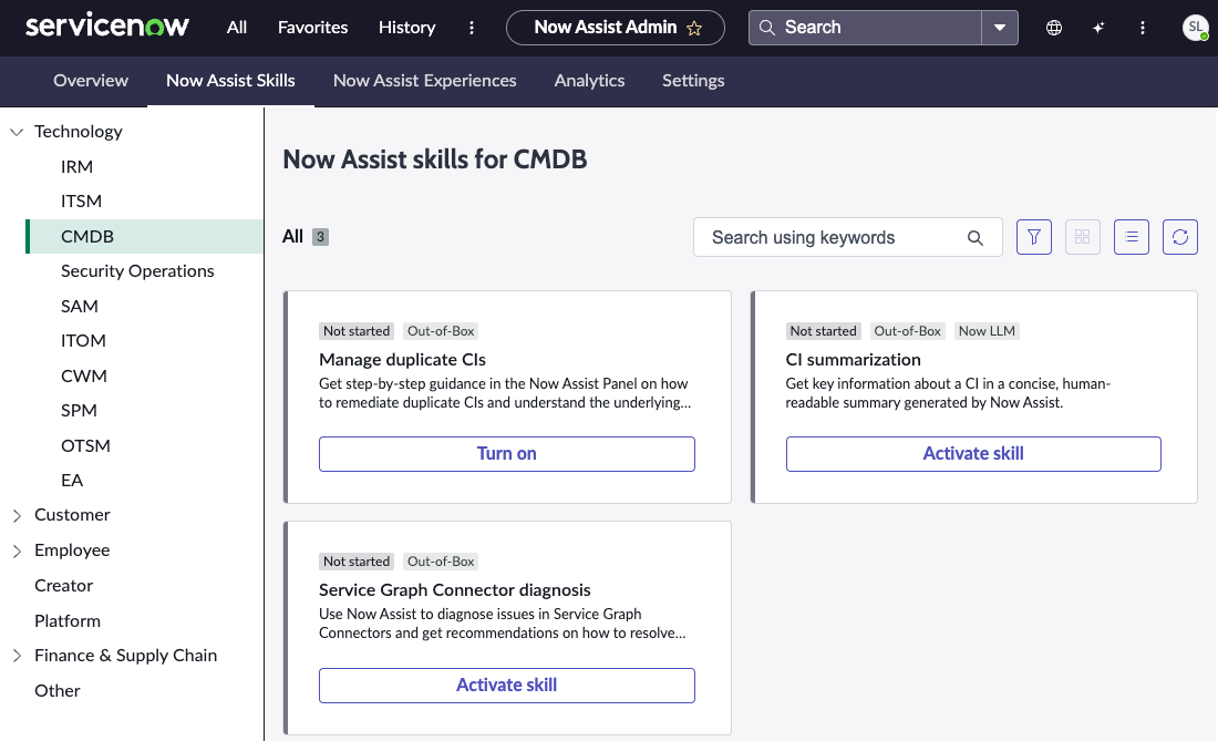 Activating the Now Assist for CMDB skills.