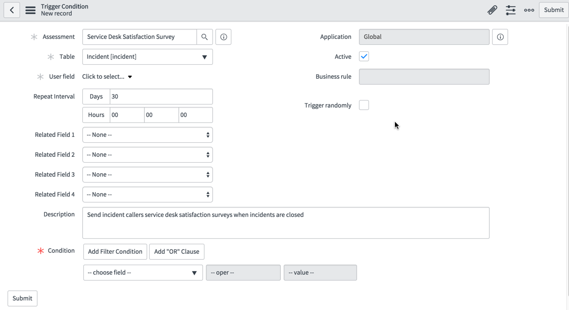 Survey Trigger Condition form