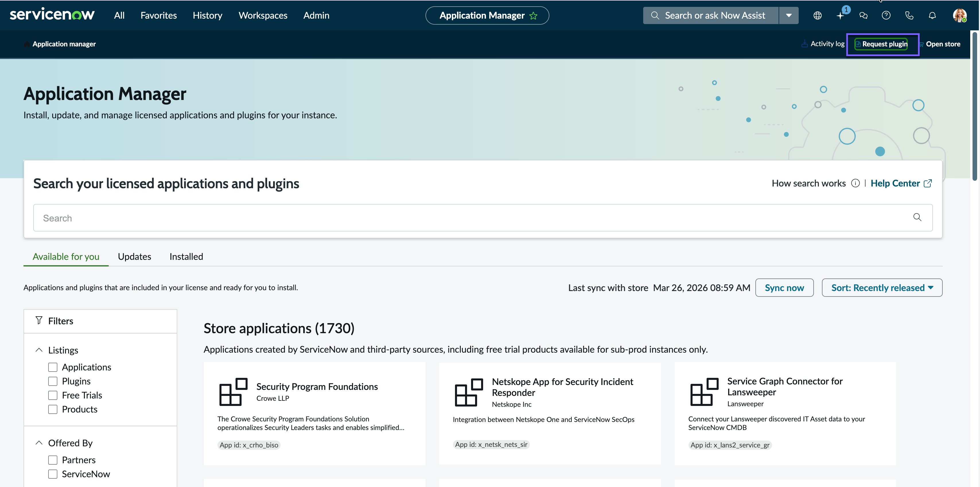 Request Plugin button on the All Applications page.