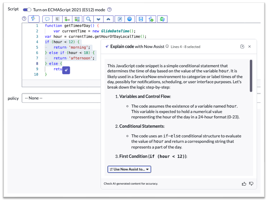 Uma explicação detalhada do código é exibida no editor de script.