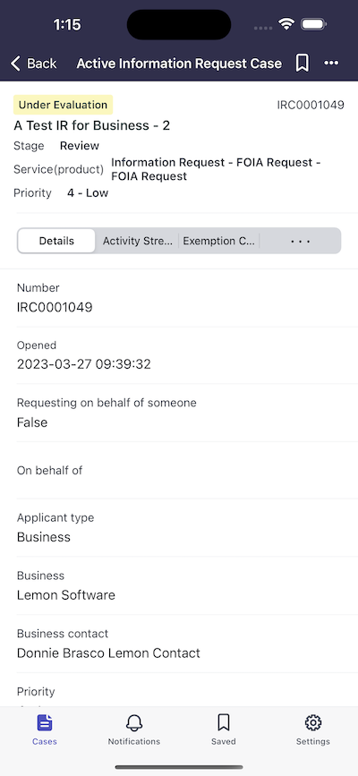 Case details card view. For the text description, refer to the preceding text.