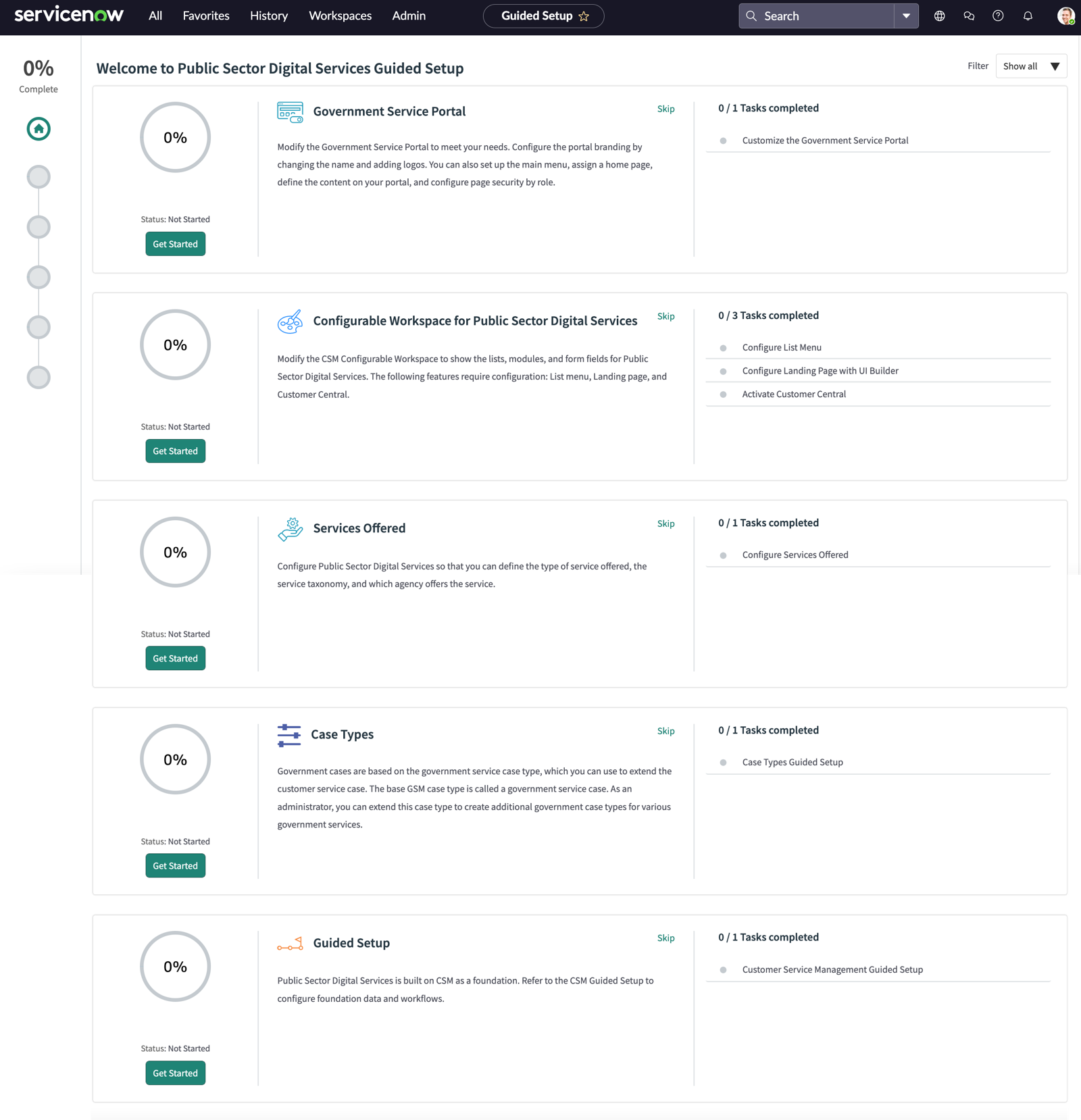 Guided Setup page view with modules and task completion to set up Public Sector Digital Services.
