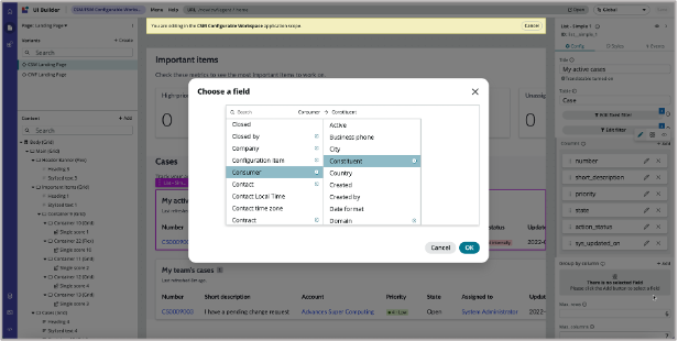 Admin view of the field list, displaying a list of all fields that can be added or removed from the CSM landing page.