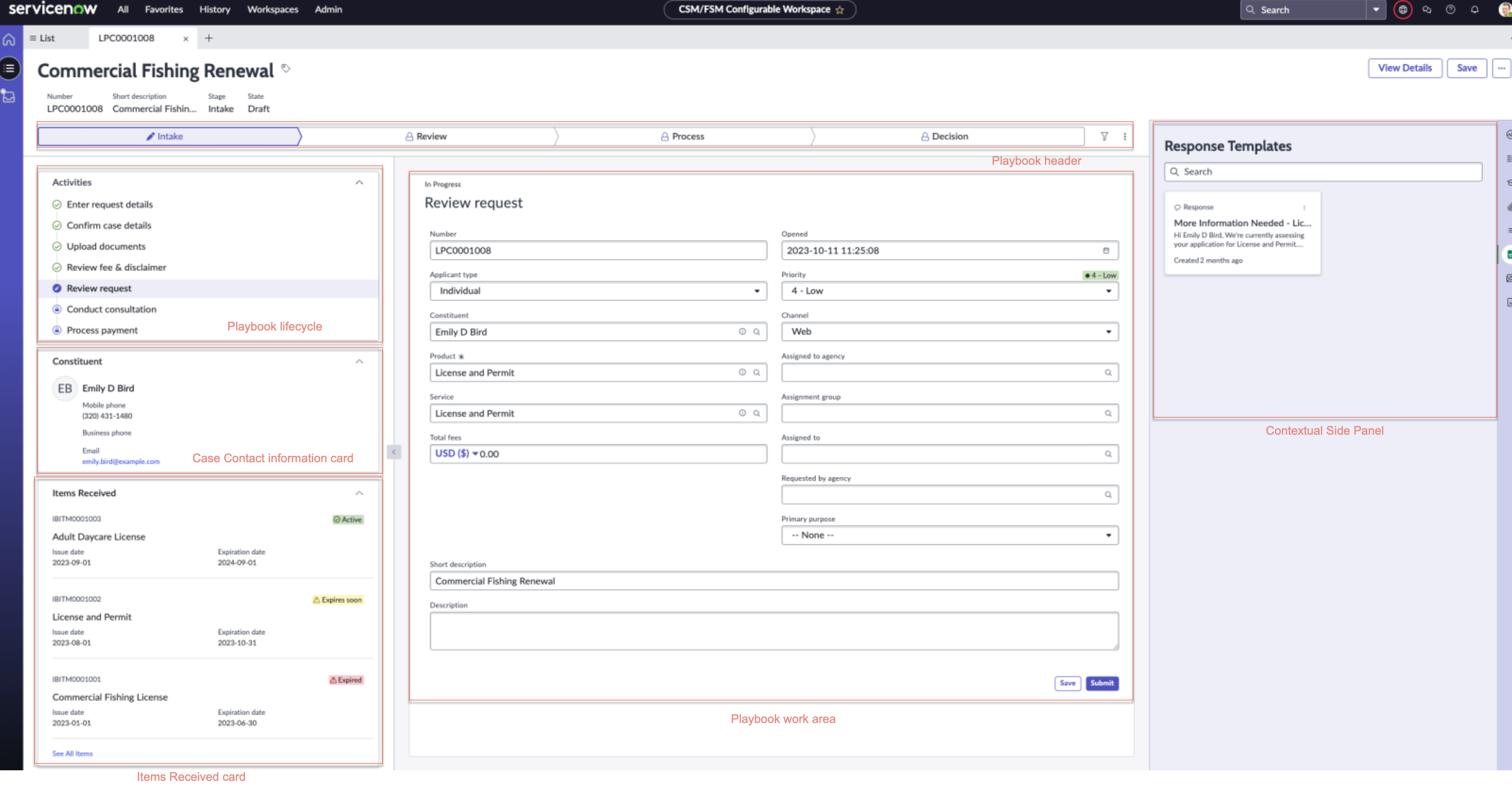 Agent workspace view of the License and Permit Playbook life cycle, case record information, and license request details, shown in the Process-based experience view.