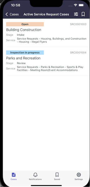 Service request card view that shows a list of all active service request case records.