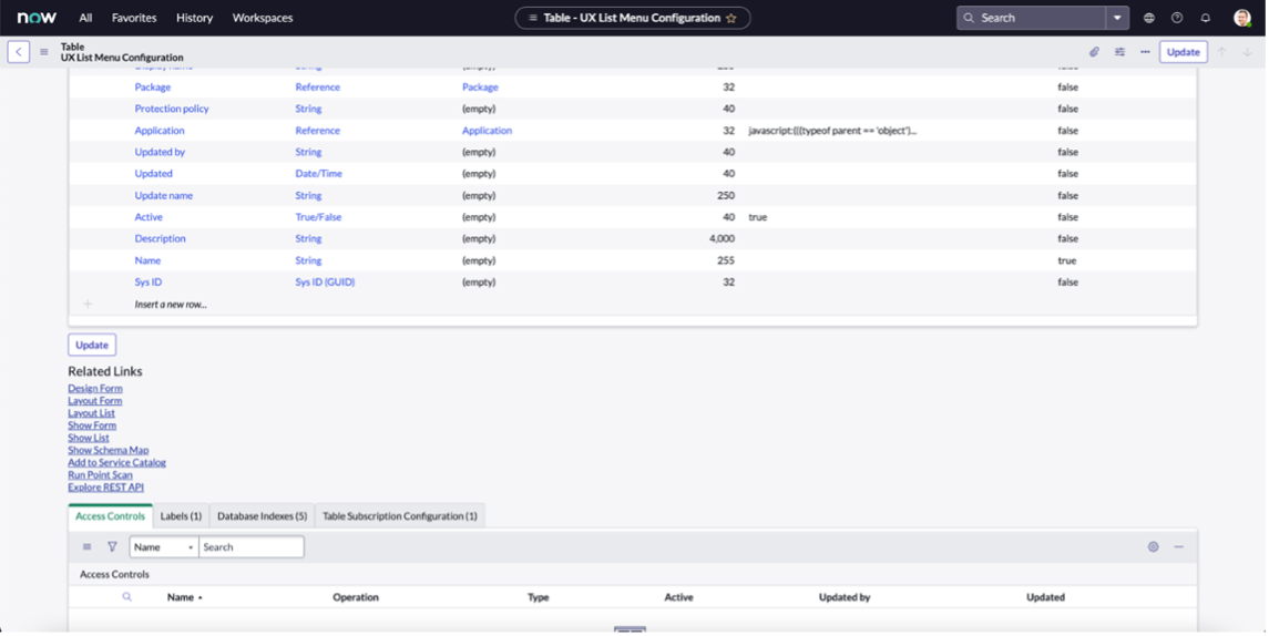 Table view showing UX list menu configuration settings with related links.