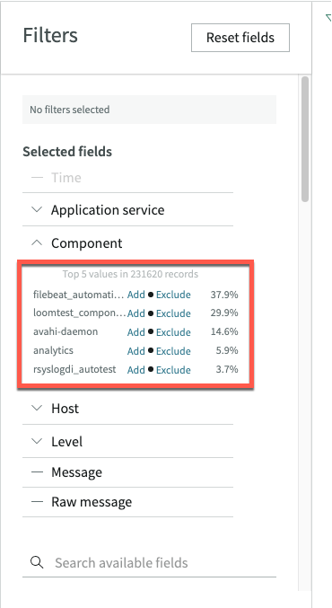 Filtros do visualizador de log.