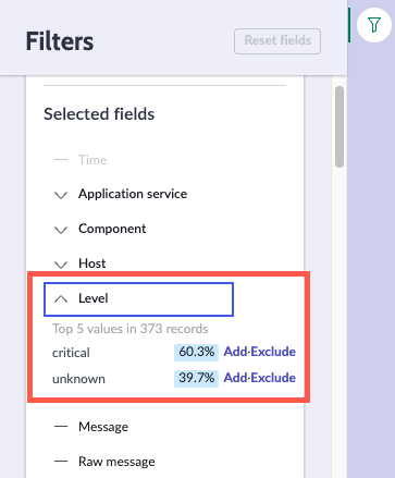 Filtros do visualizador de logs.