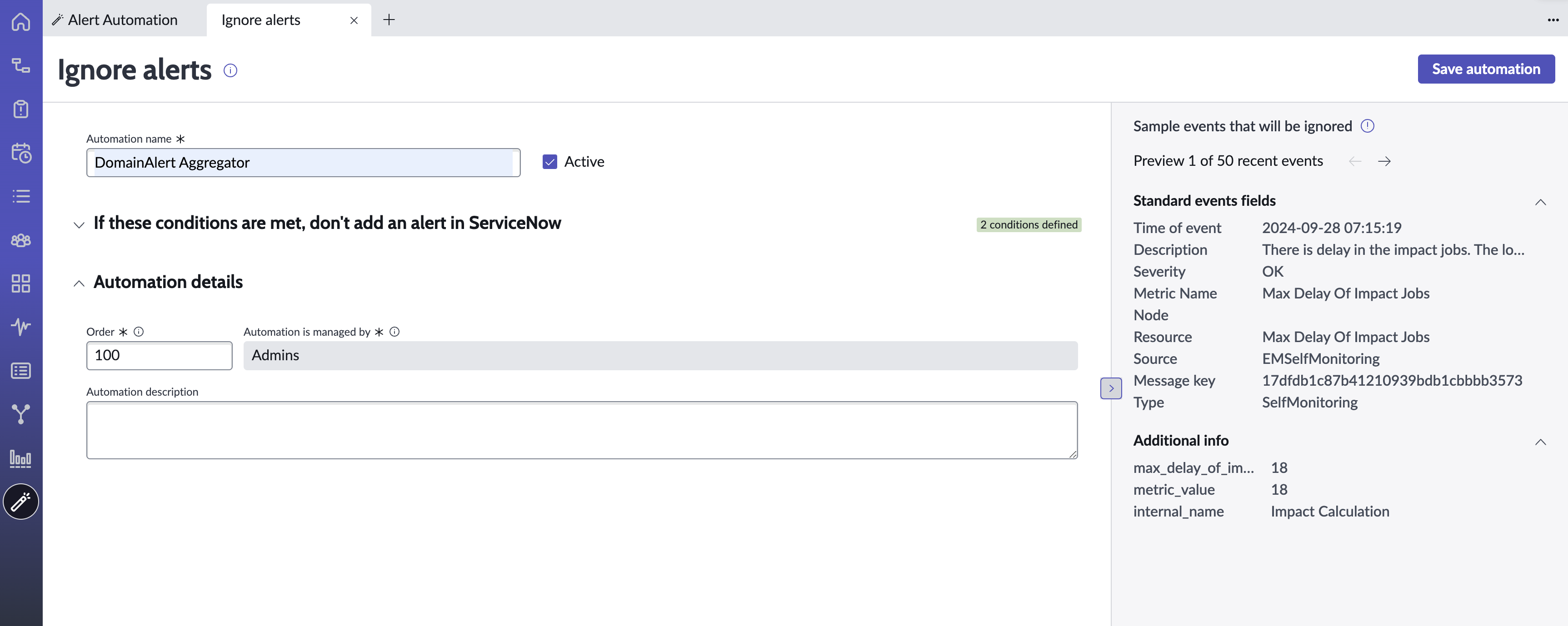 Ignorar seção de detalhes de automação.