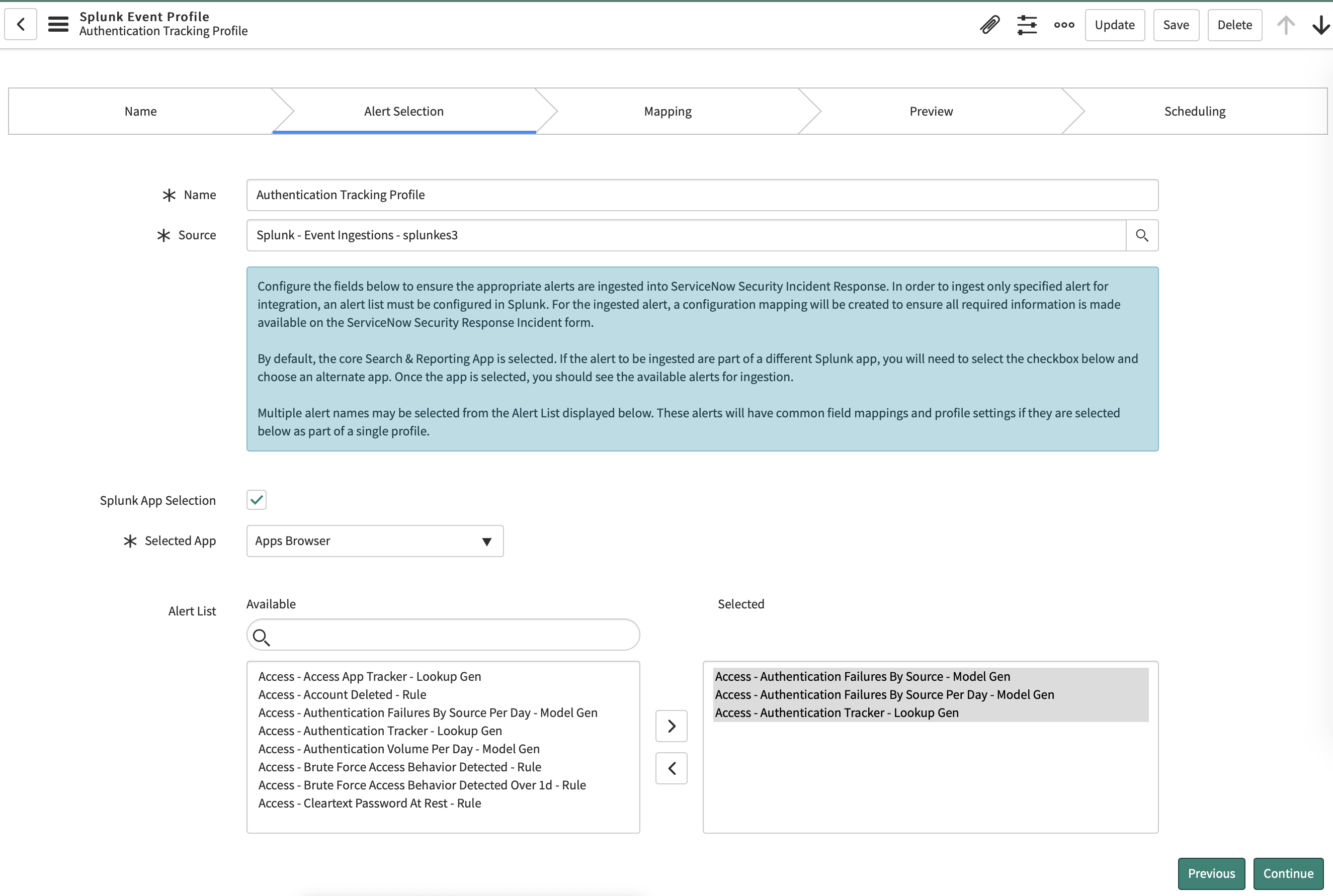 Sélectionnez une alerte pour un profil d’événement planifié.