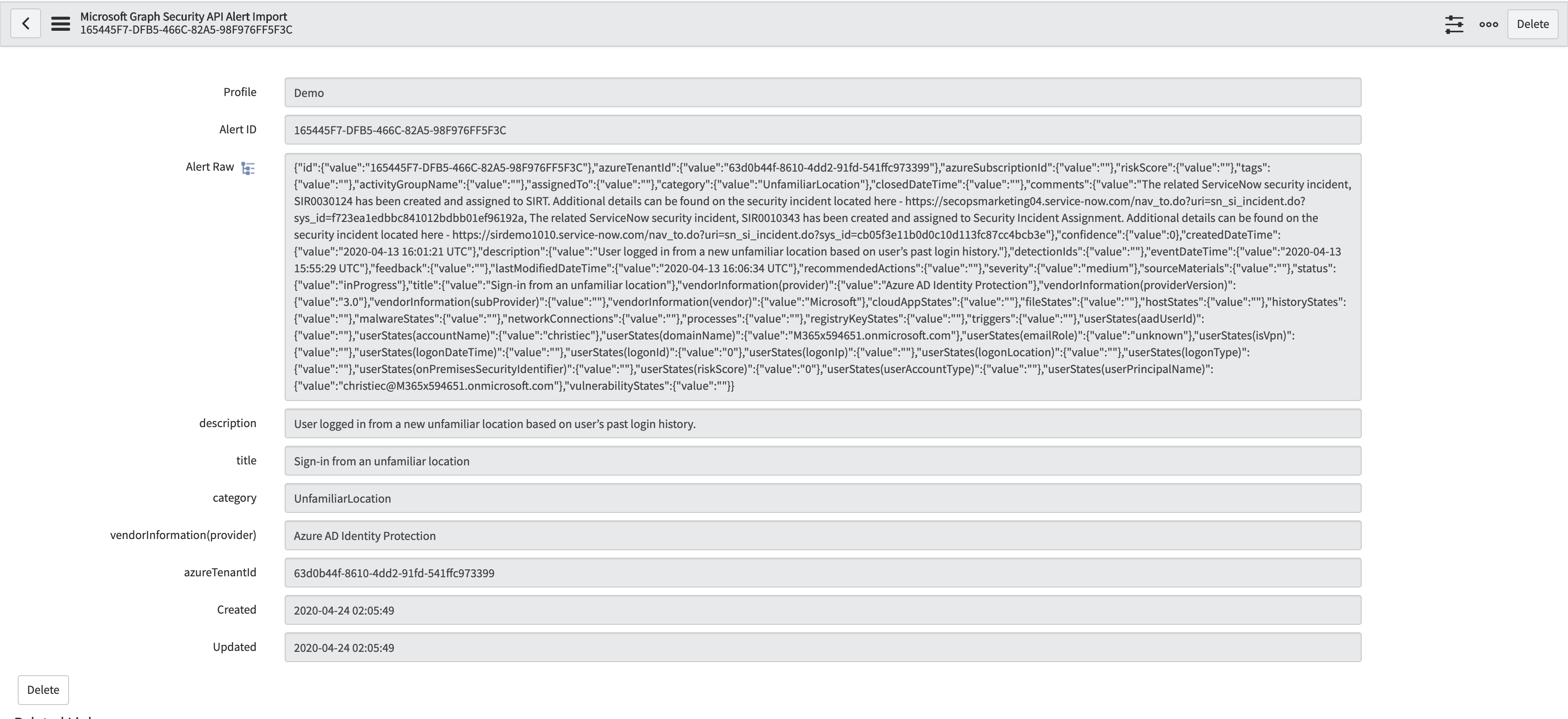 Enregistrement d’importation d’alertes de l’API Microsoft Graph Security