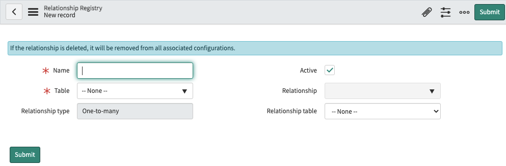 Novo registro de relacionamento