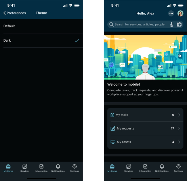 Mobile App mit aktiviertem dunklen Design