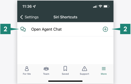 Diagramm, wo Designfarben auf dem Bildschirm mit den Einstellungen für Siri-Verknüpfungen angewendet werden.