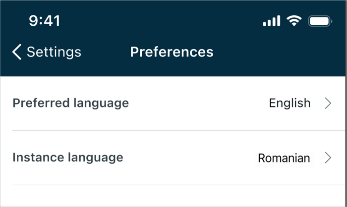 Sprachseitenoptionen in mobilen ServiceNow-Apps.