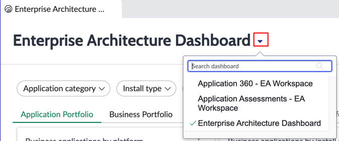 Enterprise Architecture Dashboard-Seite mit hervorgehobenem Change-Dashboard-Symbol.