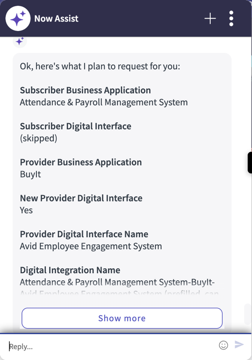 Screenshot wird angezeigt Now AssistVirtual Agent Chat-Fenster mit einer ausführlichen Anforderung für die Anforderung einer digitalen Integration.