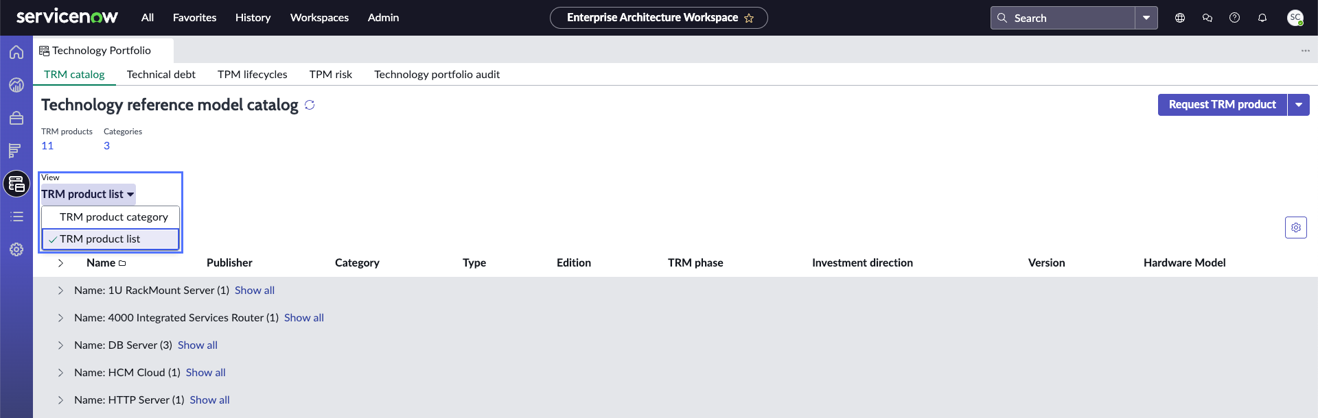Dropdown-Liste „TRM-Ansichtsliste“.