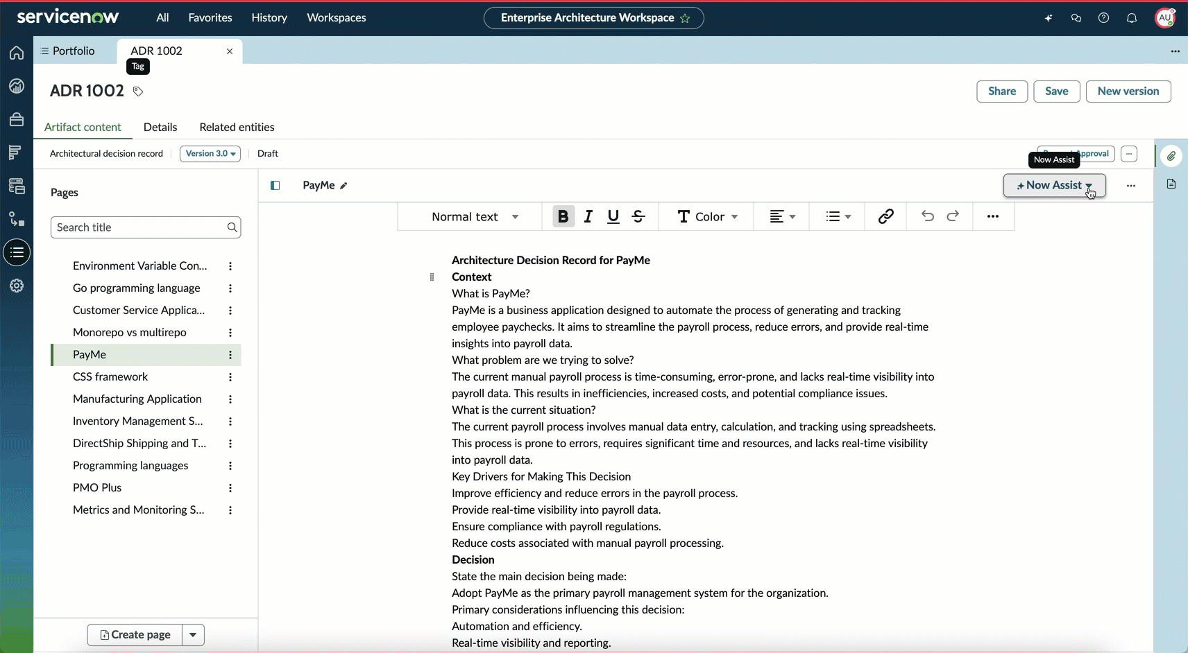 ADR-Dokumentzusammenfassung im Enterprise Architecture Workspace