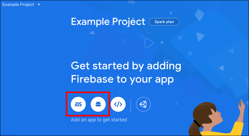 iOS ボタンと Android ボタンが強調表示された Firebase ホームページ。