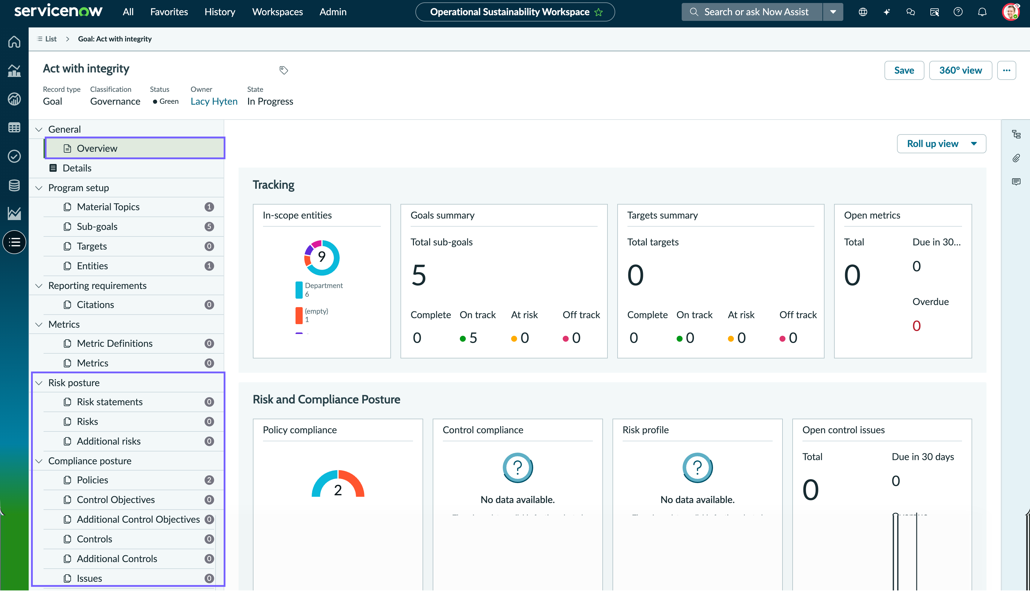 Goals form with IRM integration.