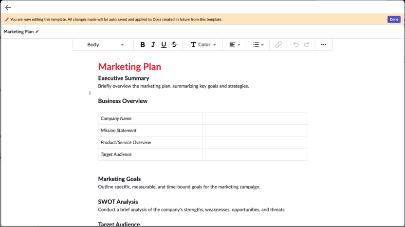Editing a Doc template.