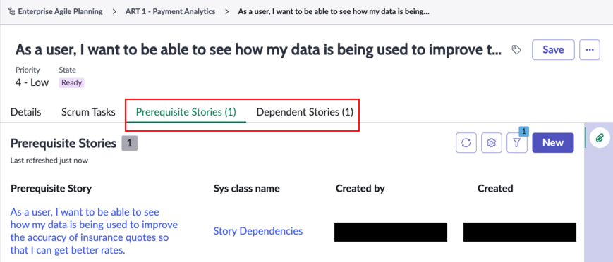 Related lists for dependencies for a story in EAP.