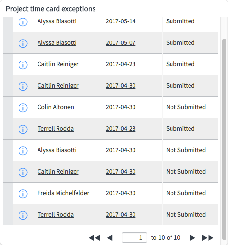 Screenshot for Project Time Card Exceptions report
