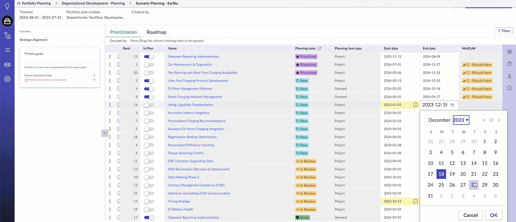 Prioritization tab: Adjust dates of the planning items and mark them in plan