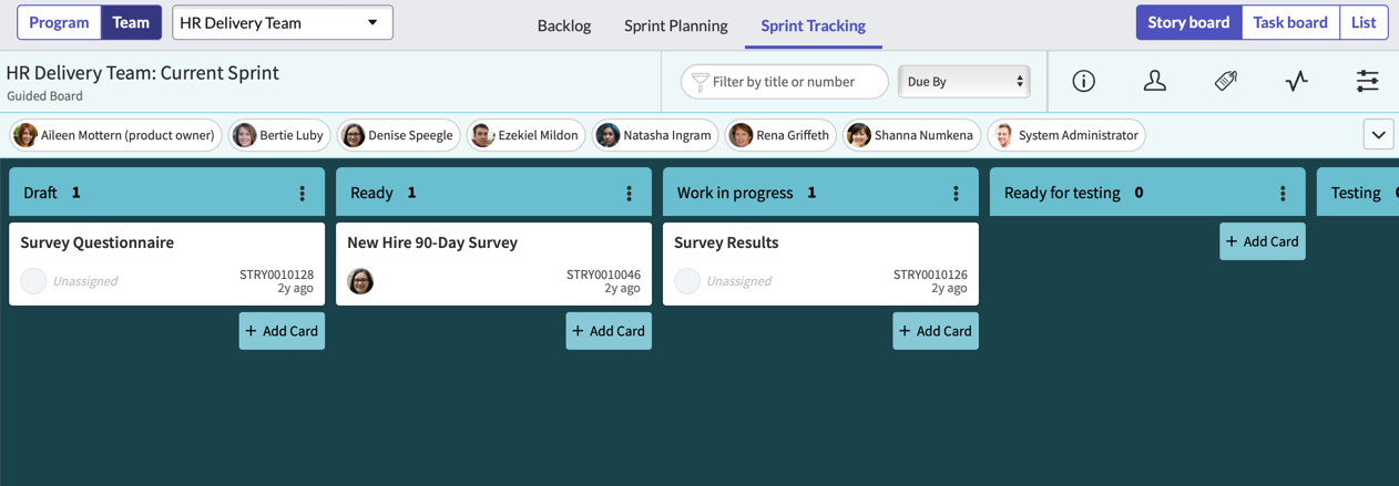 Sprint Tracking in the Story board view.